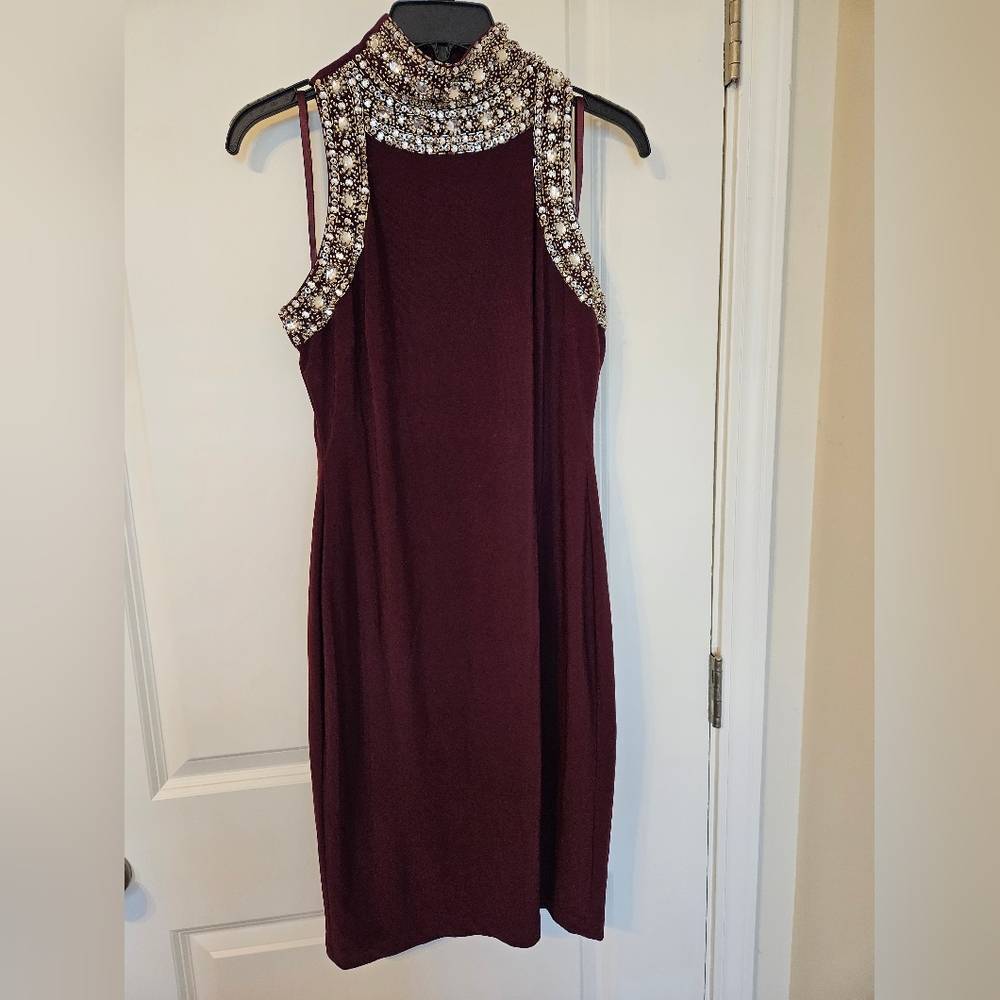 Burgundy and beaded cocktail dress